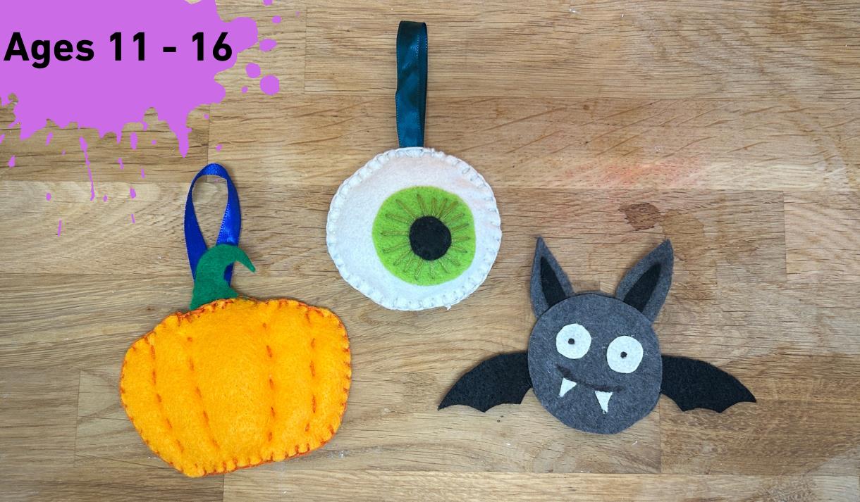 Paint splat with ages 11 - 16 written inside it. Main image of a felt pumpkin, eye ball and bat