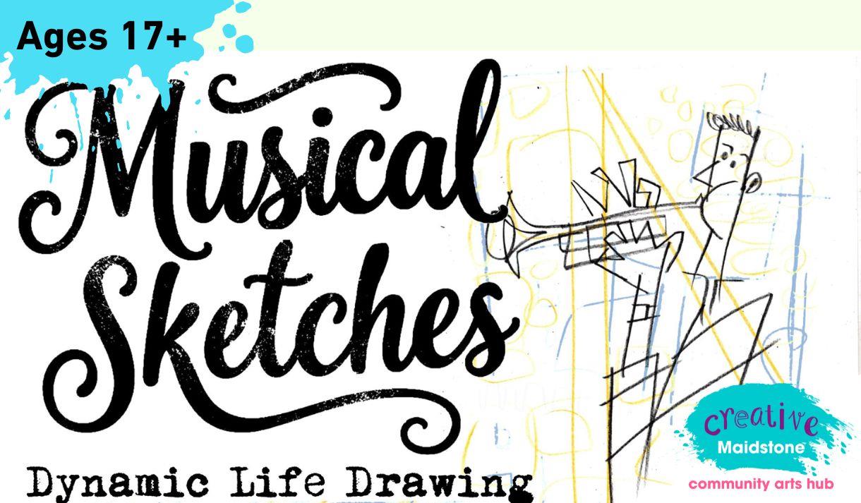 Musical Sketches dynamic life drawing with a cartoon trumpet player