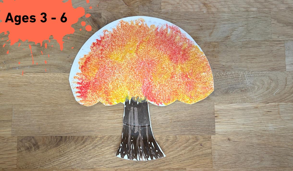 Paint splat with Ages 3 - 6 inside it. The main image is a autumnal tree made of a paper plate