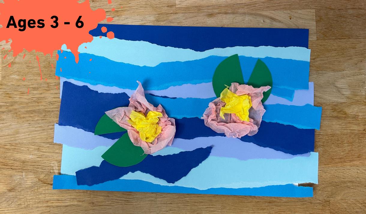 Paint splat in the top left corner with Ages 3 - 6 written on it. main image Collage of 2 pink water lilies on a shredded paper back ground