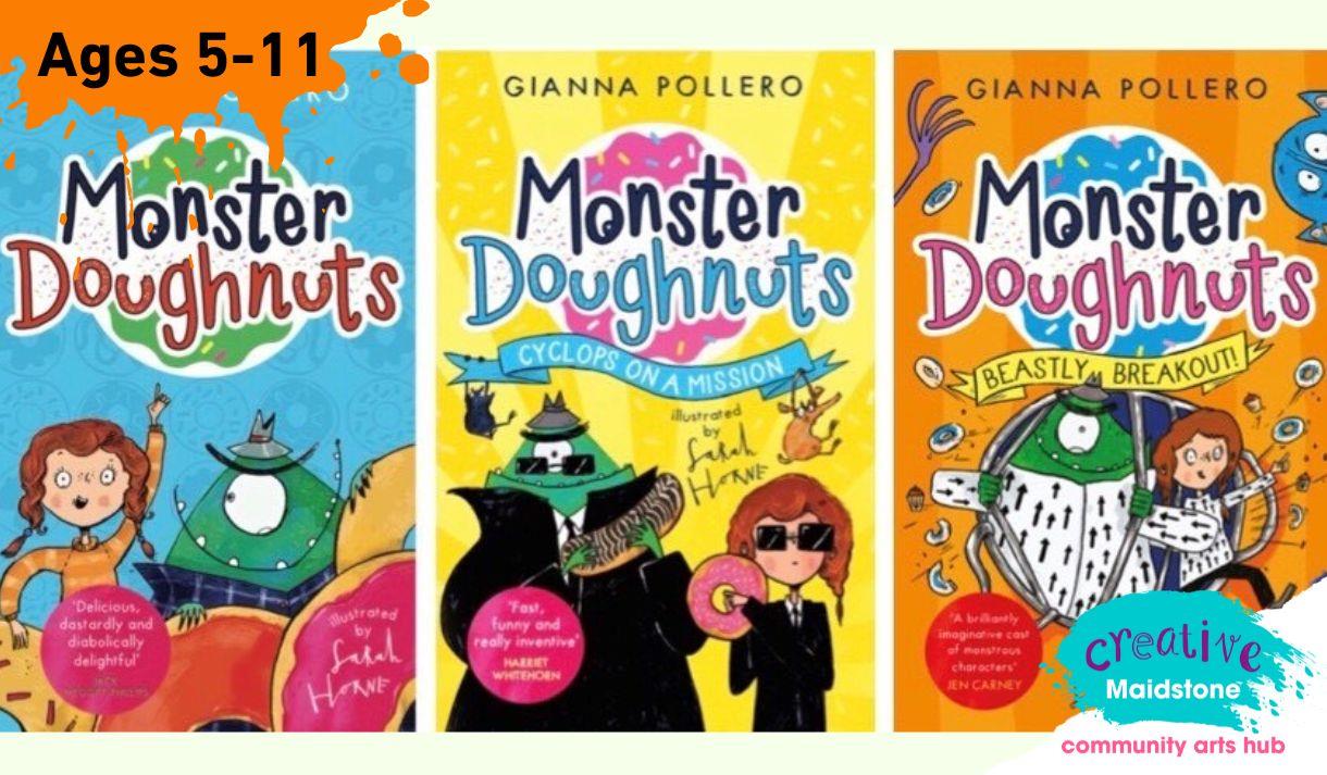 Monster Doughnuts book covers showing cartoon children with cartoon monsters. Colourful backgrounds
