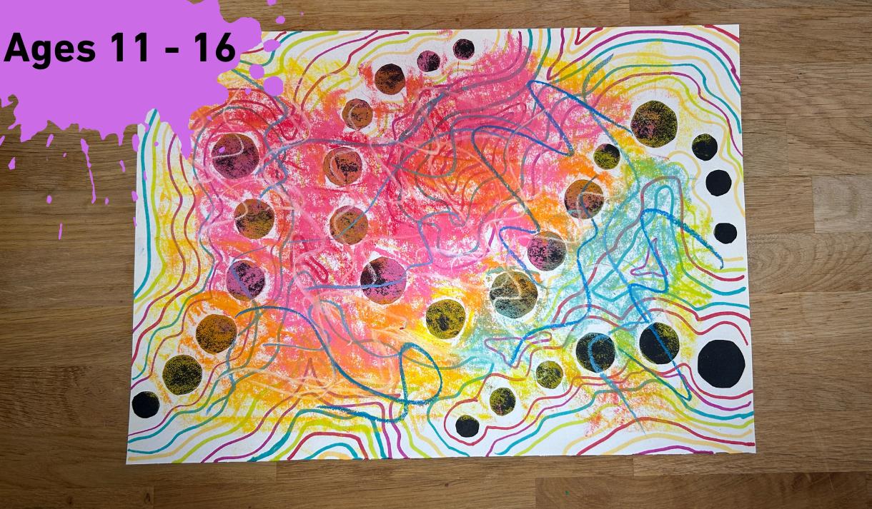 Paint splat with Ages 11 - 16 Main image an abstract drawing with black dots and colourful lines