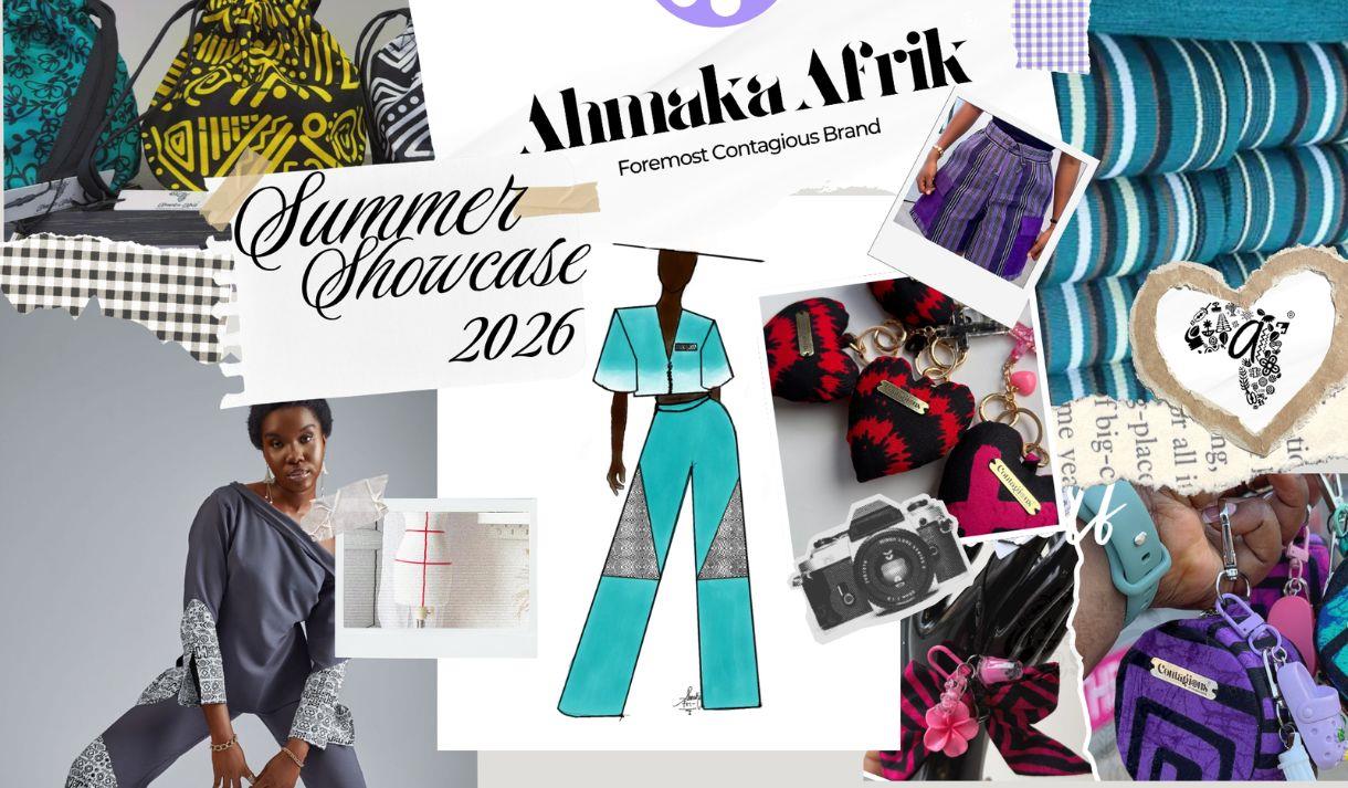 A mood board of clothing and accessories made by Ahmaka Afrik