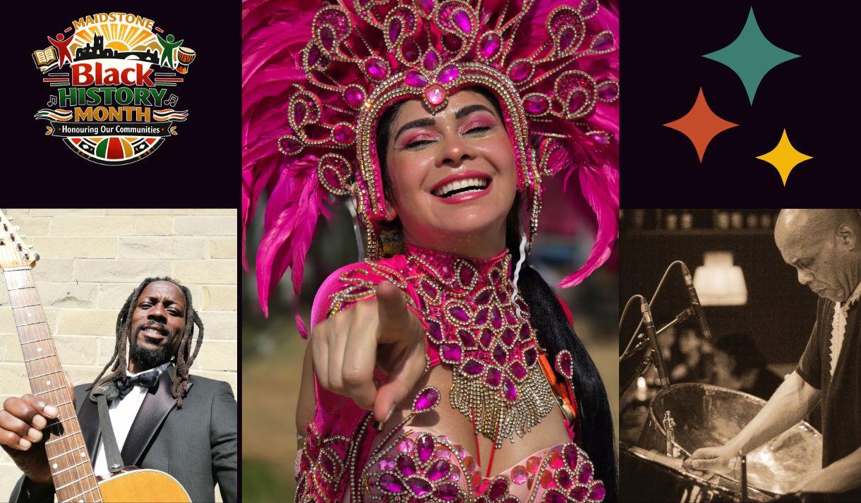 African musicians and a Samba girl in traditional costume