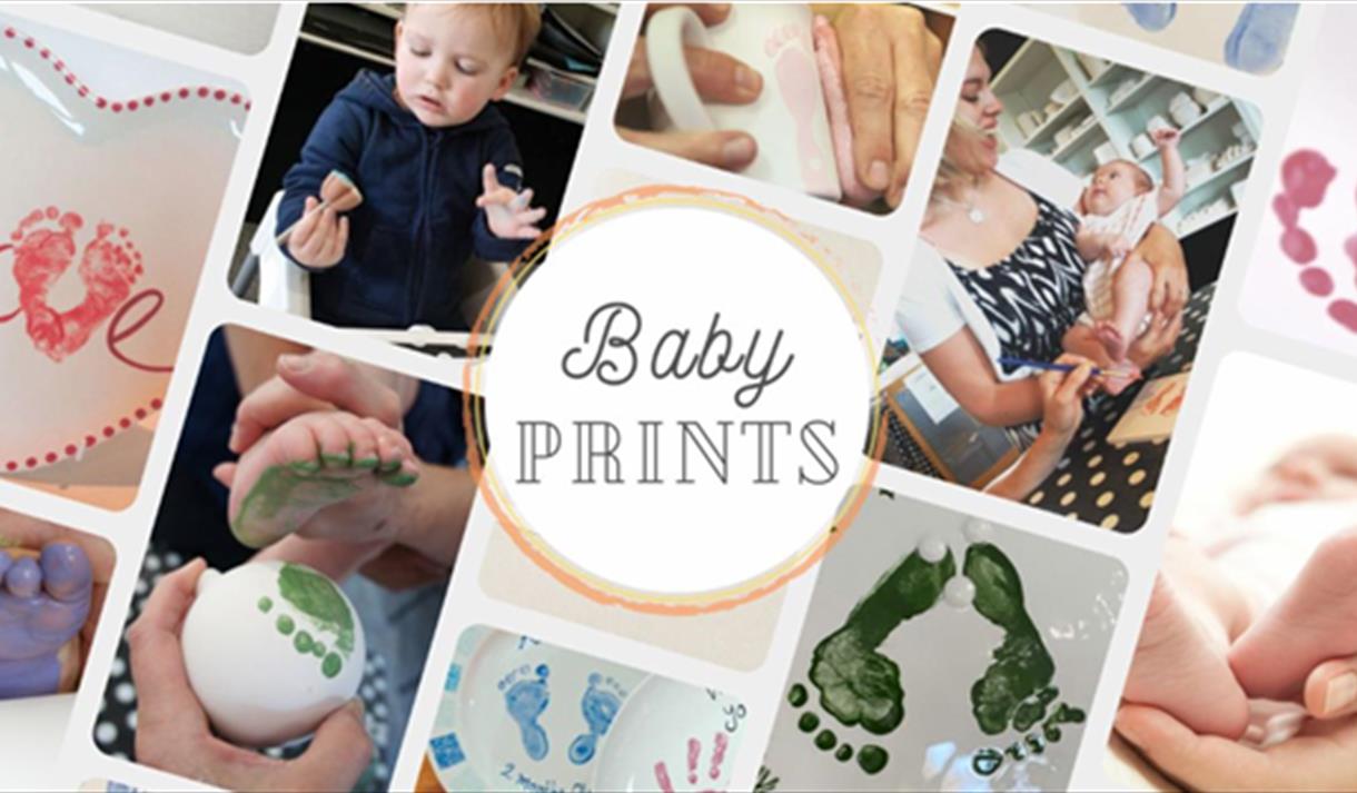 Collage of baby hand and foot prints on ceramics
