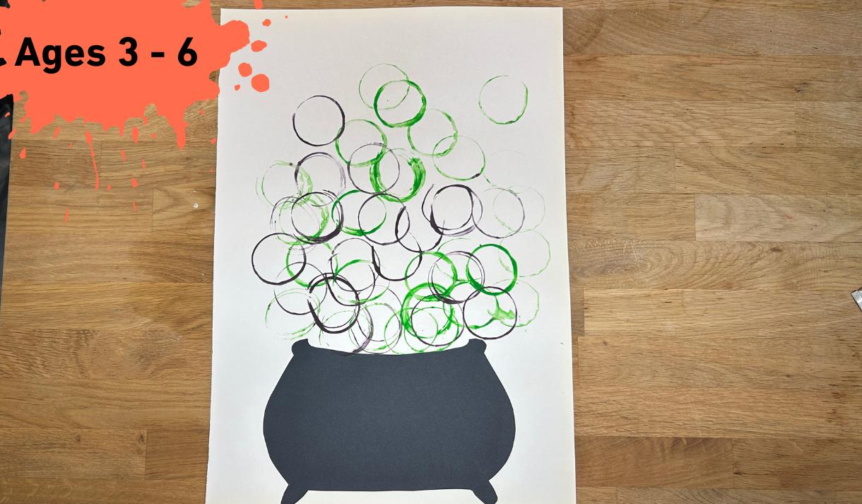 Paint splat with ages 3 - 6. Main image a Cauldron with green and purple Bubble Painted bubbles coming out of the top