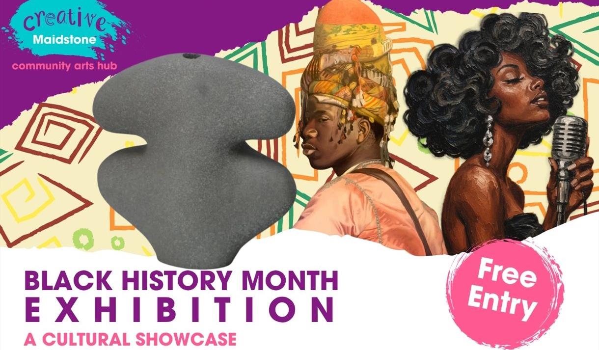 Two painted portraits of black people and a ceramic vase on a brightly coloured background