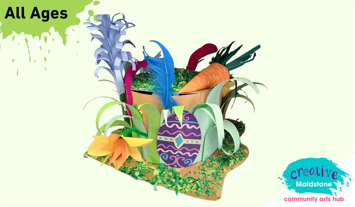 A handmade Easter Bonnet with flowers, eggs, bunny ears and a carrot!