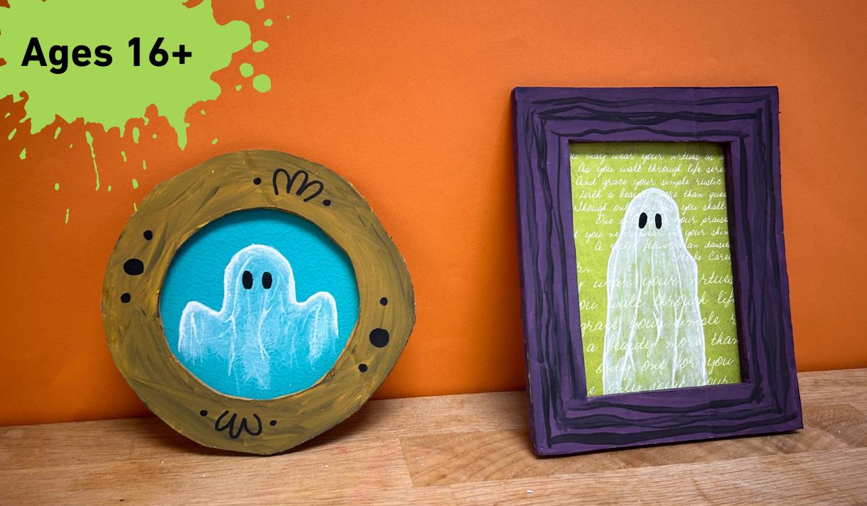 Paint splat with ages 16+ written in it. Main Image 2 ghost portraits one with a rectangle frame one with a circle frame