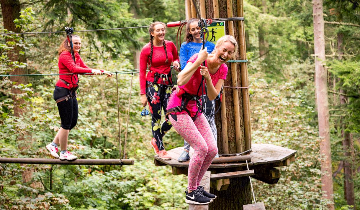 Ladies balancing in the tree tops