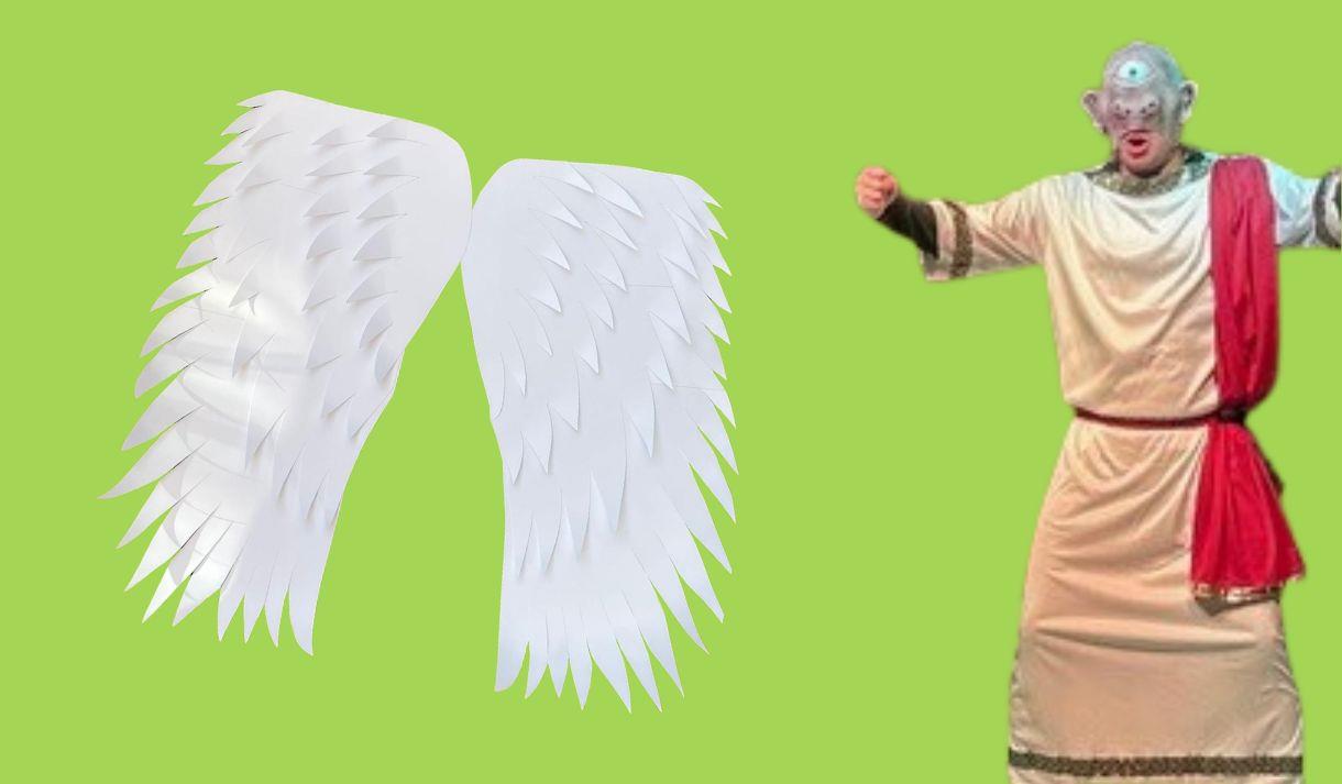 A pair of paper Icarus wings and an actor dressed as a cyclops