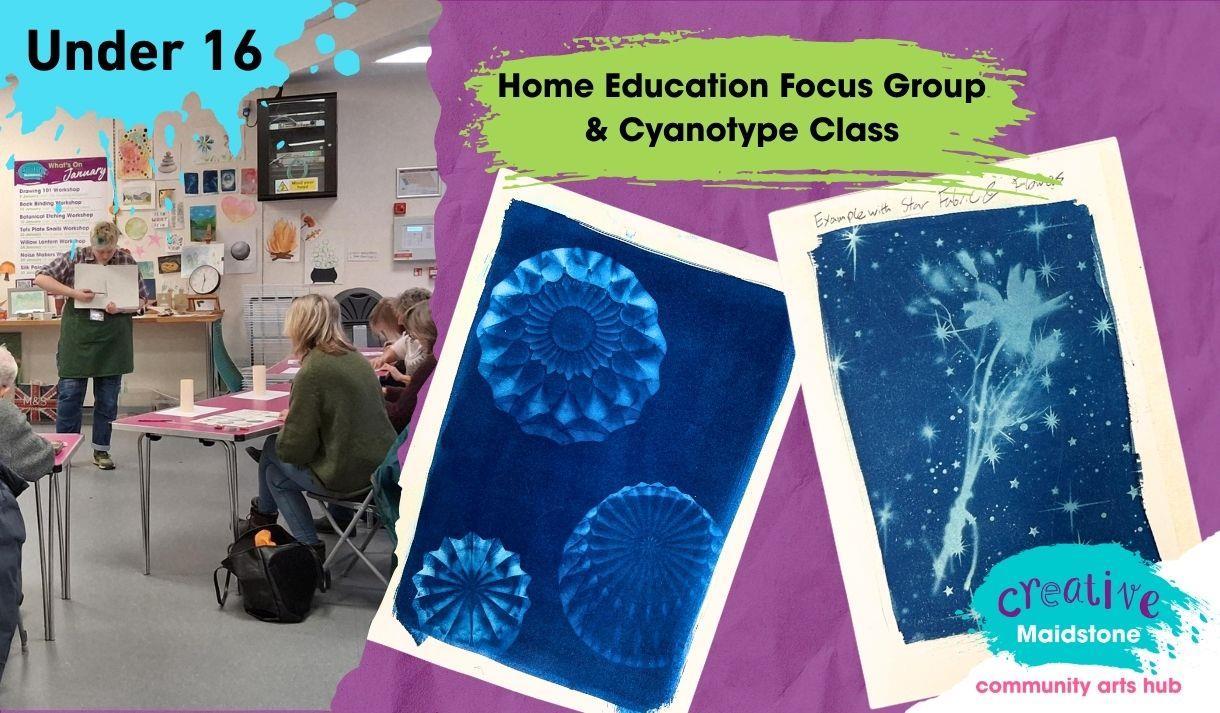 Art teacher demonstrating in front of a small class of adults. Two cyanotype prints on a purple background