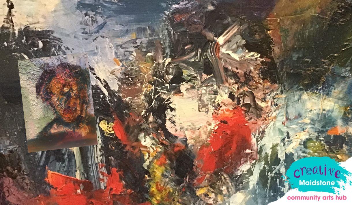 Abstract painting with vibrant colours and an abstract human head