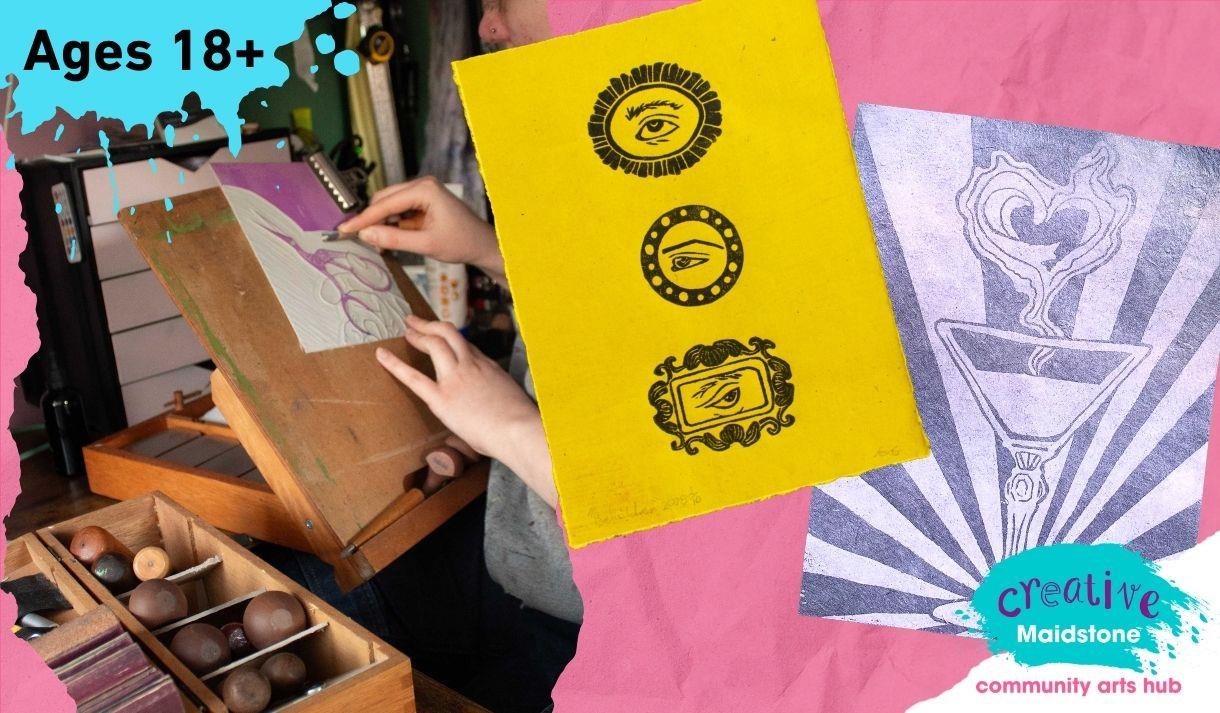Lino cut prints and an artist carving a design into lino