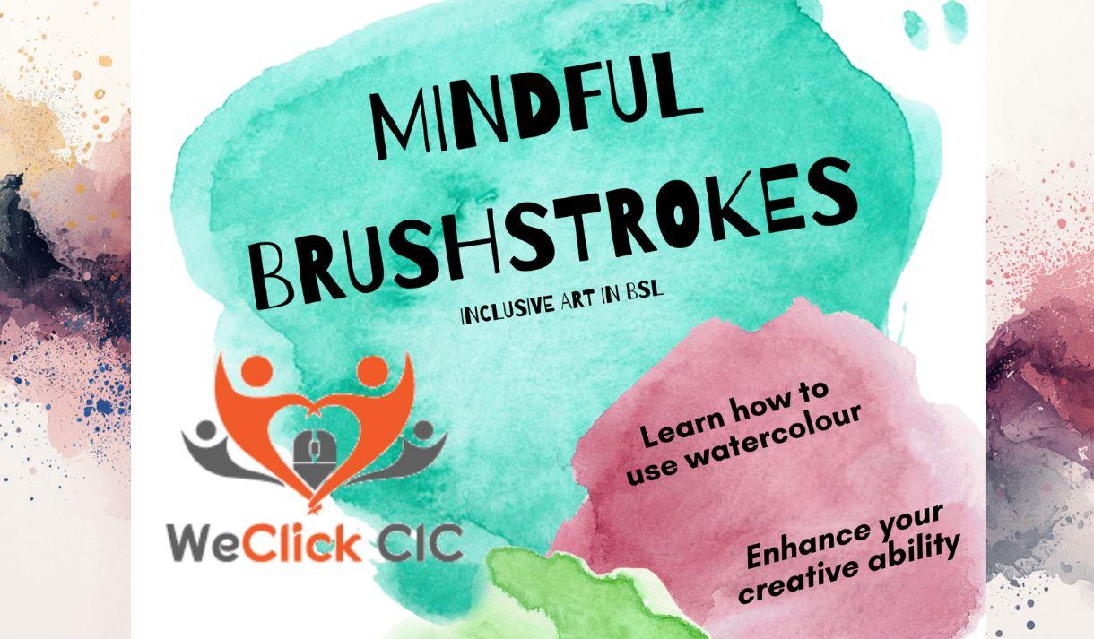 A watercolour painted background with Mindful Brushstrokes and the WeClick CIC logo