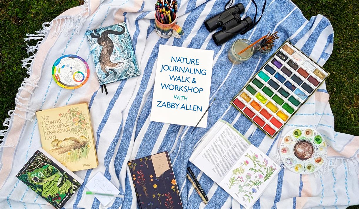 Stripey blanket on a grassy background, covered with art materials including sketch books and paints