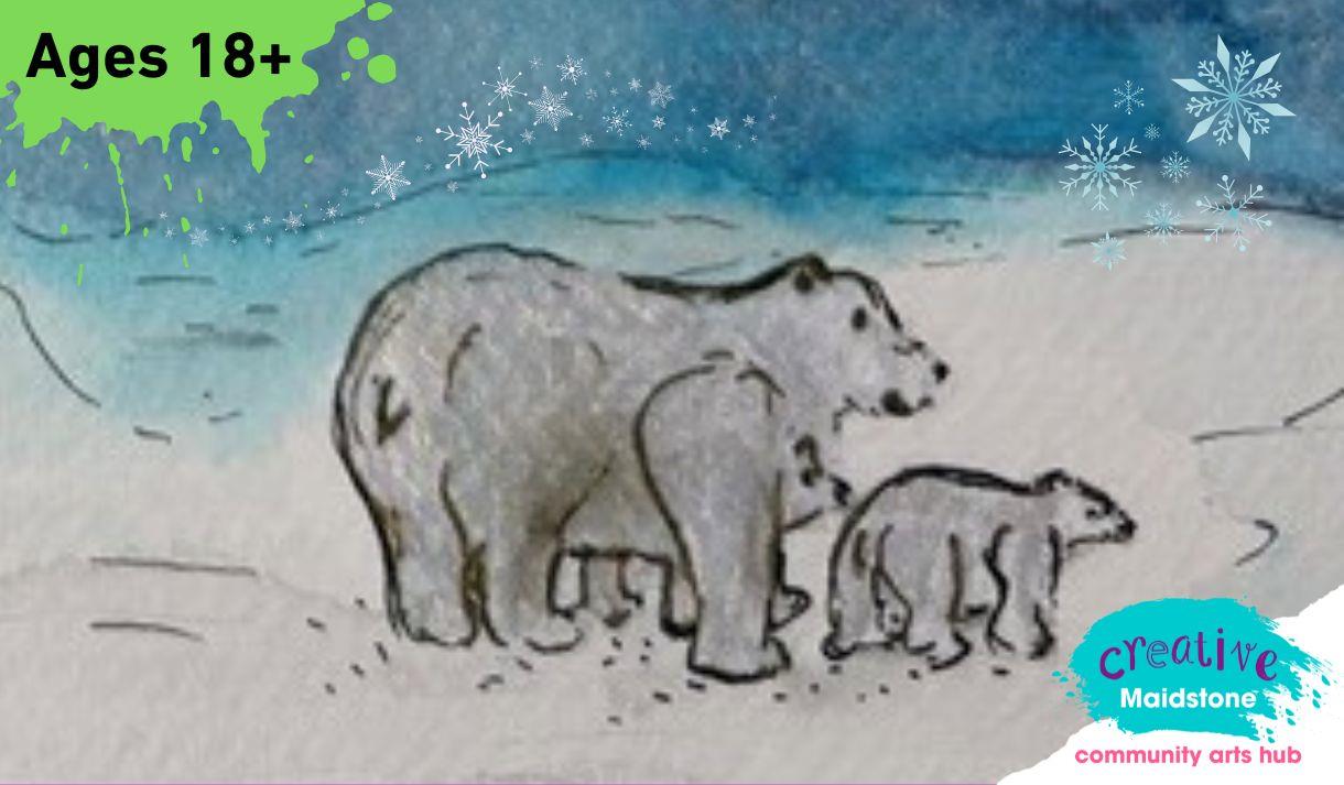 Watercolour polar bears on a snowy background with  dark blue sky