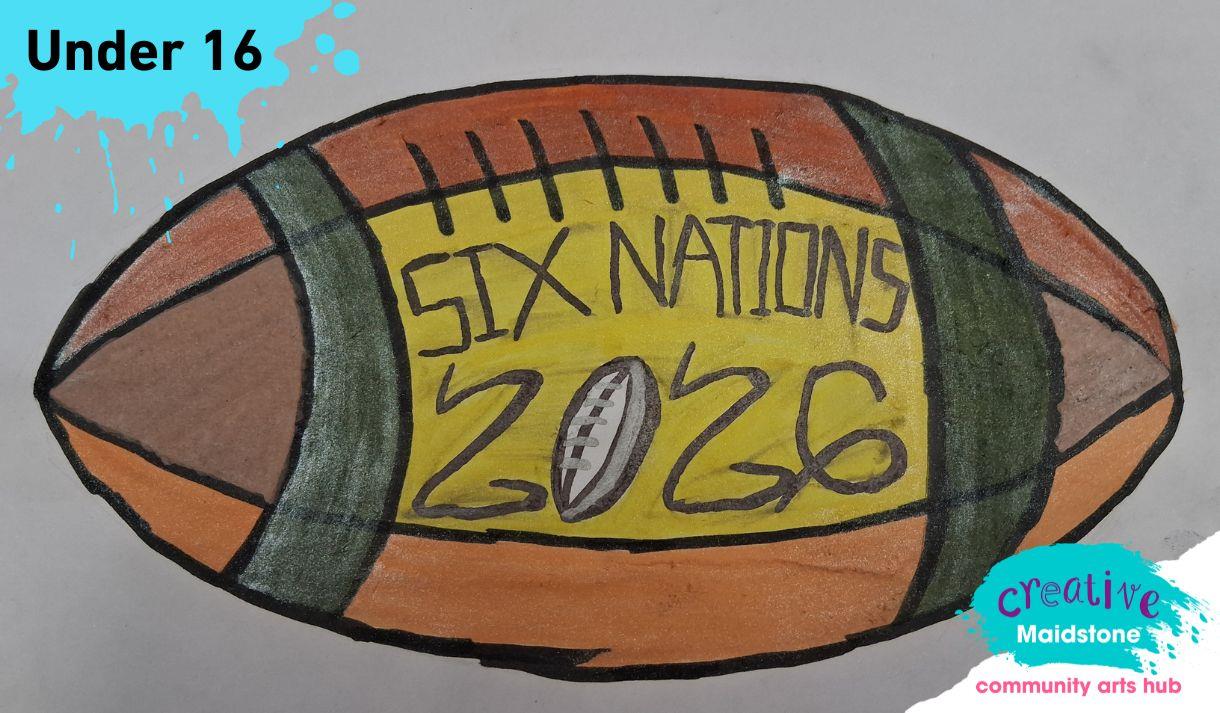 Drawing of a rugby ball with Six Nations 2026 in writing