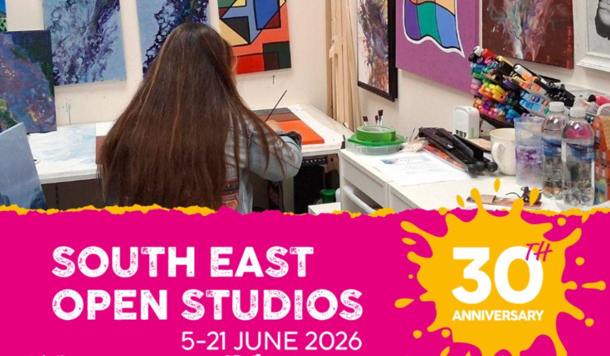 Artist working in a studio. South East Open Studios in text and 30th anniversary on a yellow splat