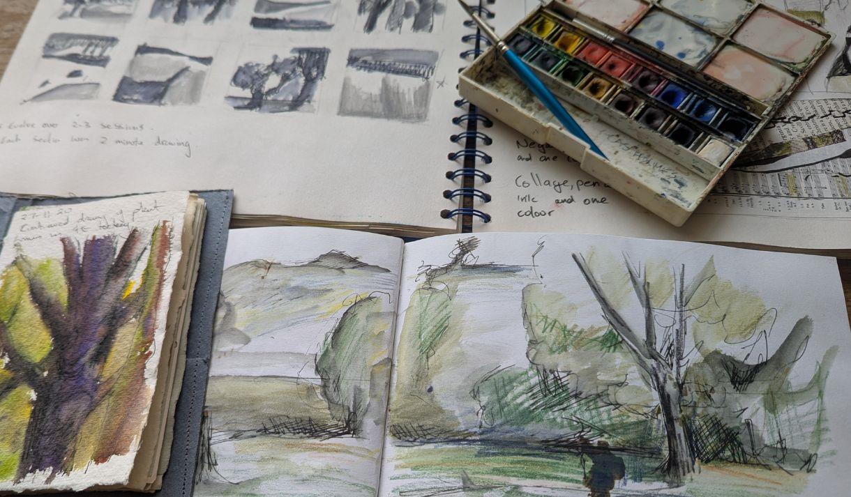 Selection of sketch books with various watercolour paintings and sketches on