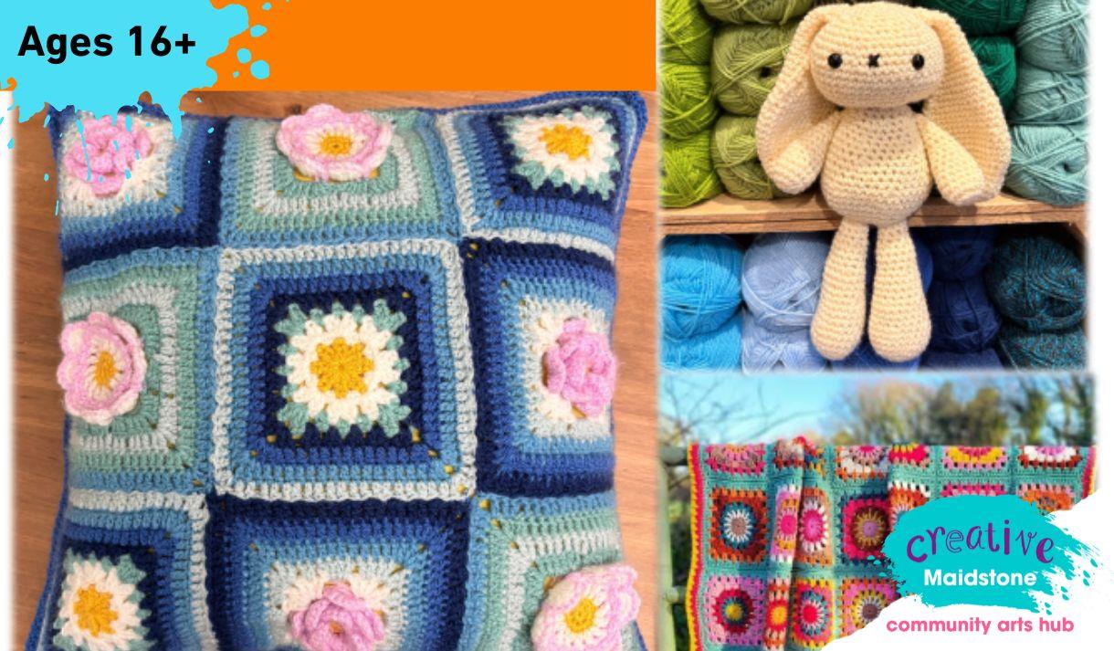 Montage including a crocheted cushion, cuddly toy and blanket