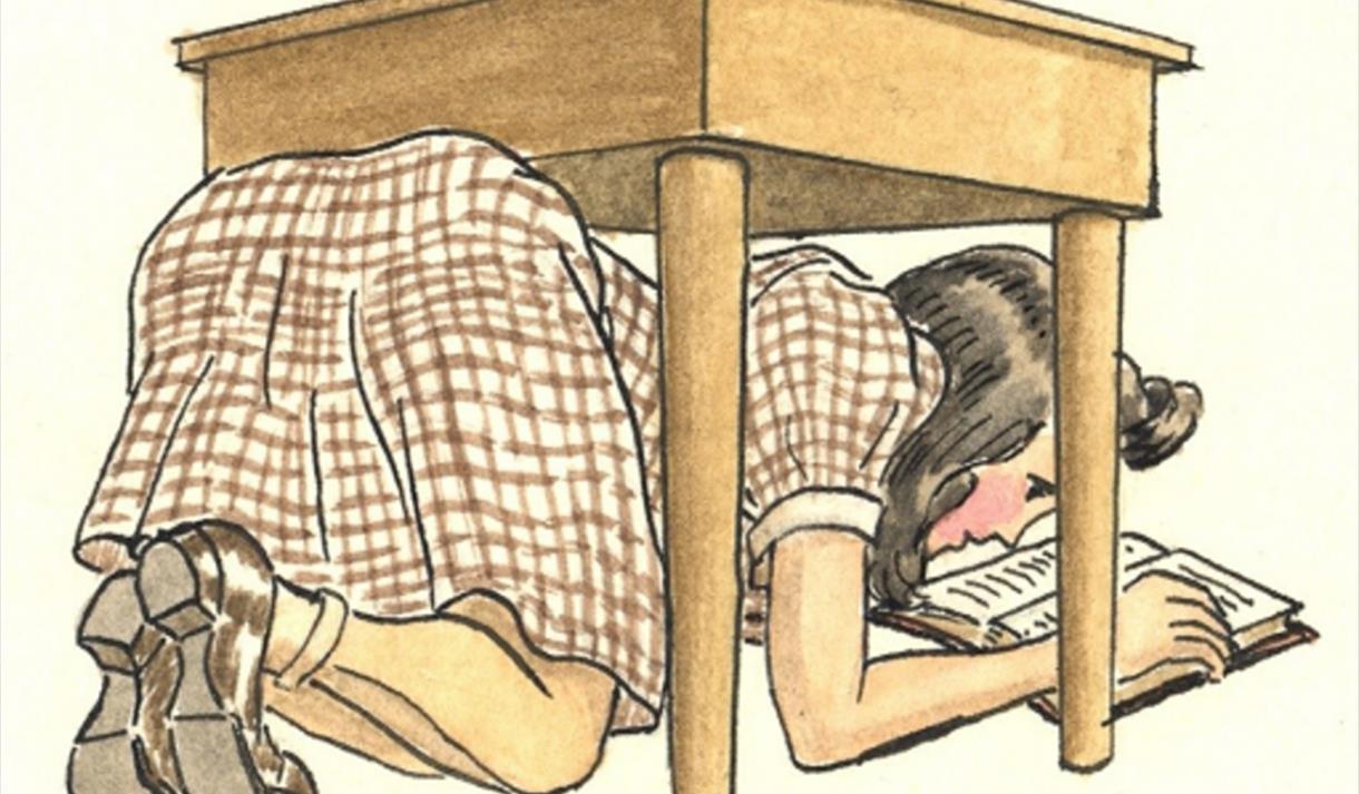 Drawing of a child dressed in 1940s clothing reading under a desk