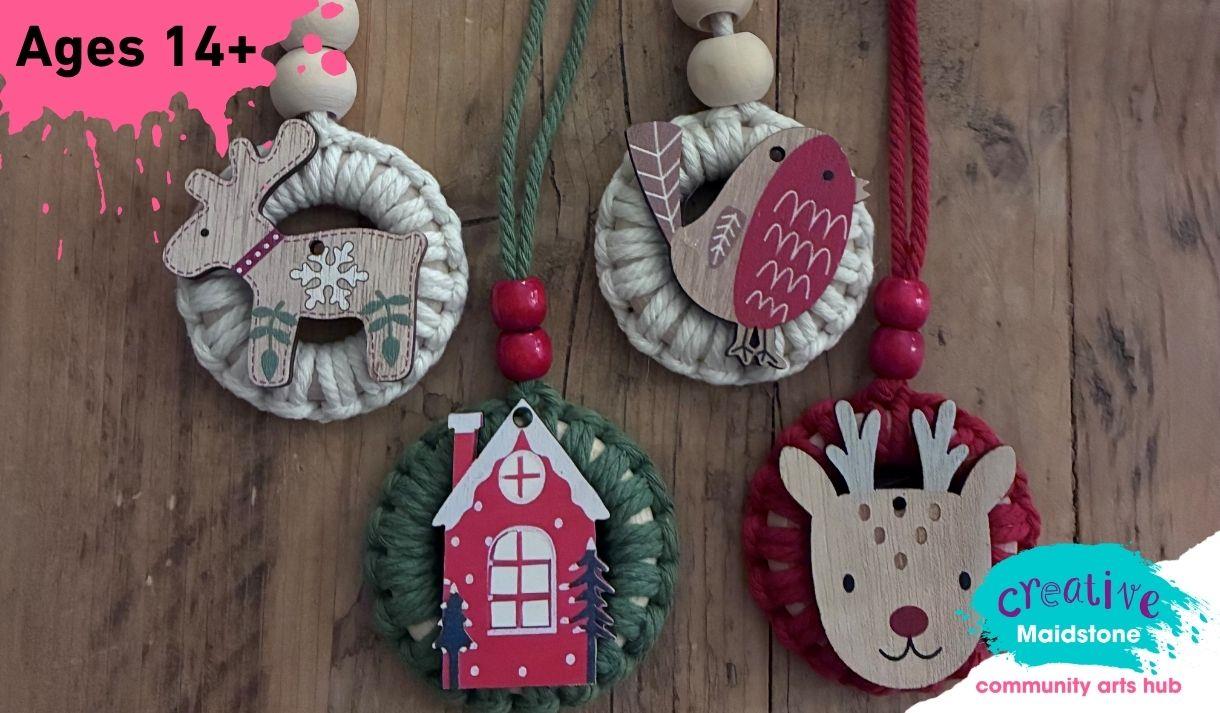 4 handmade christmas decorations made using macrame and wooden trinkets