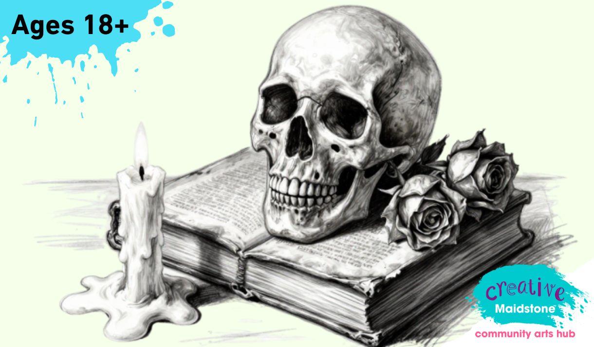 AI generated still life sketch featuring a skeleton, wilting roses, candle and old book