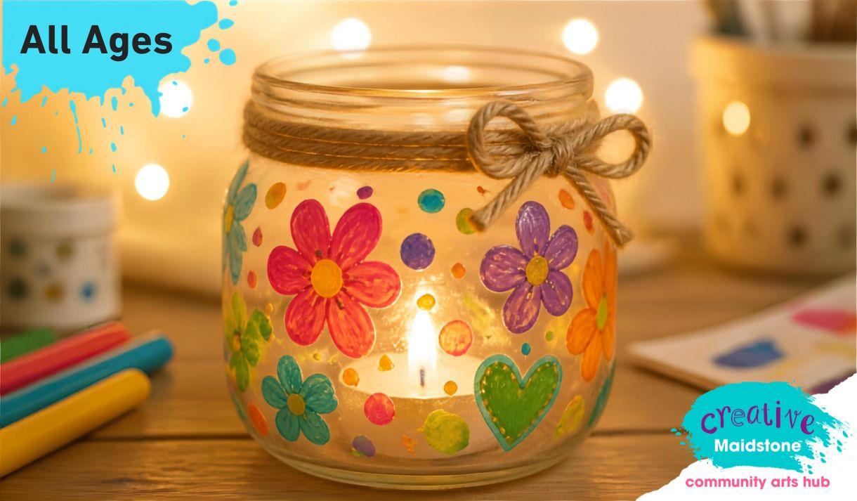 AI generated image of a hand decorated tealight made out of a jam jar