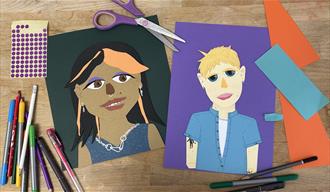2 portraits of people made with collage paper surrounded by pens, pencils stickers and scrap of paper