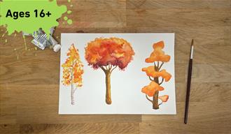 Paint splat with Ages 16+ in side. Main image watercolour Paint of autumn trees
