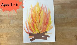 Ages 3 - 6 on a paint splat with a painting of a bonfire