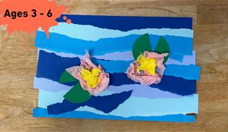 Paint splat in the top left corner with Ages 3 - 6 written on it. main image Collage of 2 pink water lilies on a shredded paper back ground