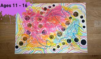 Paint splat with Ages 11 - 16 Main image an abstract drawing with black dots and colourful lines