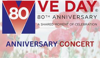 VE Day 80 Anniversary logo on a background of poppies