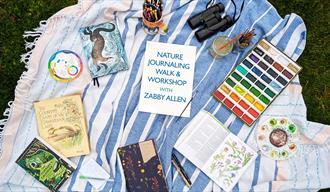Stripey blanket on a grassy background, covered with art materials including sketch books and paints