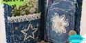 Upcycled denim book on end with pages open