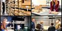 Montage of 4 photos: top left - archive storage boxes on racks; top right - archivist working on a manuscript; bottom left - man using overhead scanne