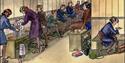 An illustration of schoolgirls eating dinner in an air raid shelter during WWII
