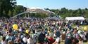 Whatman Park during a concert with many groups of people sitting in the sunshine