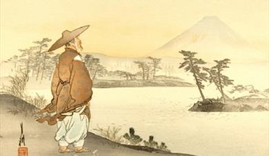 Japanese painting of a man looking out onto a lake