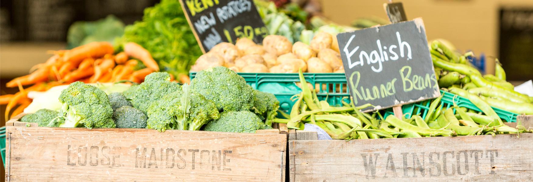 Display of vegetables in crates at a farm shop