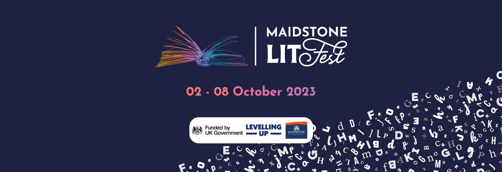 Maidstone LitFest Logo and Funding Logos (Funded by UK Government, Leveling Up and Maidstone Borough Council Logos)