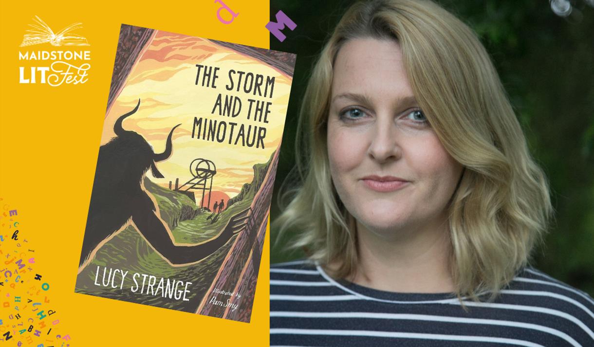 Lucy Strange and her book 'The Storm and the Minotaur' in a graphic for Maidstone LitFest