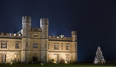 Leeds Castle, lit at night time and a Christmas tree