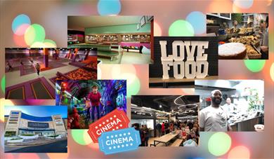 Montage of pictures of the inside of Lockmeadow, Love Food, Hollywood Bowl, Odeon Luxe, Gravity and  Urban Golf