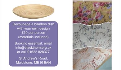 Image of an undecorated bamboo dish and some decoupage paper