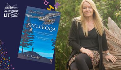 J C Clarke with her book Spellboda in a graphic for Maidstone LitFest