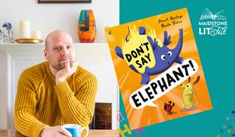 Picture of Stuart Heritage with his book 'Don't Say Elephant!' as a graphic for Maidstone LitFest