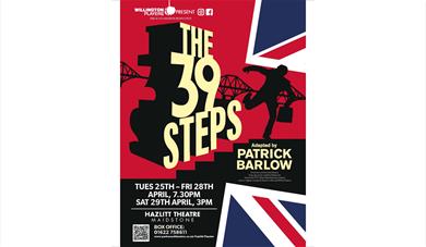 A poster of the play The 39 Steps with a backdrop of the Union Jack and featuring a silhouette of a man running with the Forth Bridge in the backgroun
